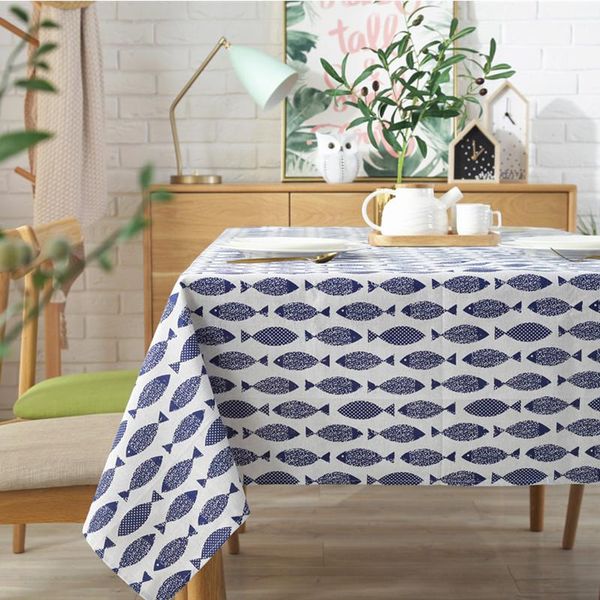 

table cloth thicken cotton linen tablecloth simple blue fish print cover japanese style washable for wedding tea