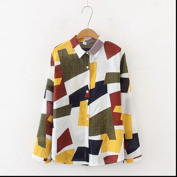 

chiffon blouse women geometry pattern lapel blouses ladies vintage long sleeve female shirt drop shipping, White