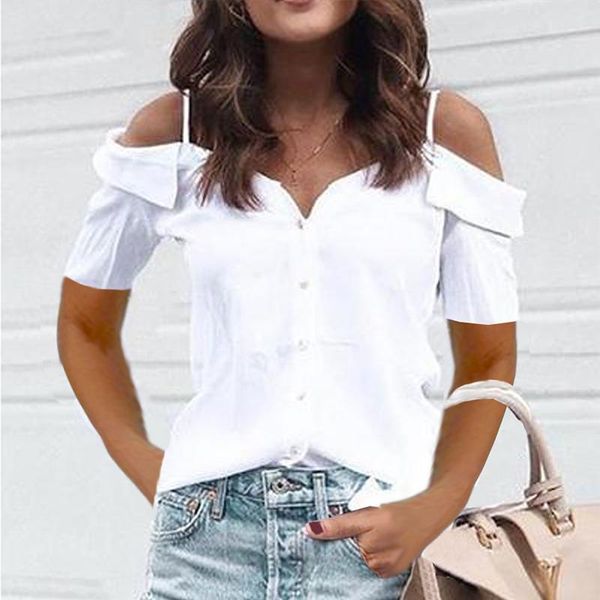 

solid off-shoulder slim women's shirt casual fashion short sleeve v neck female shirts 2021 summer office lady women's clothing, White