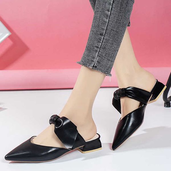 

rimocy summer women strap pointed toe mules slippers pu leather comfortable med heel shoes woman outside half slides female 210528, Black