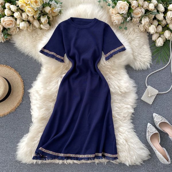 

2021 summer new vintage tassel korean embroidery patchwork knitted es style a-line robe femme pp455 zmj0, Black;gray