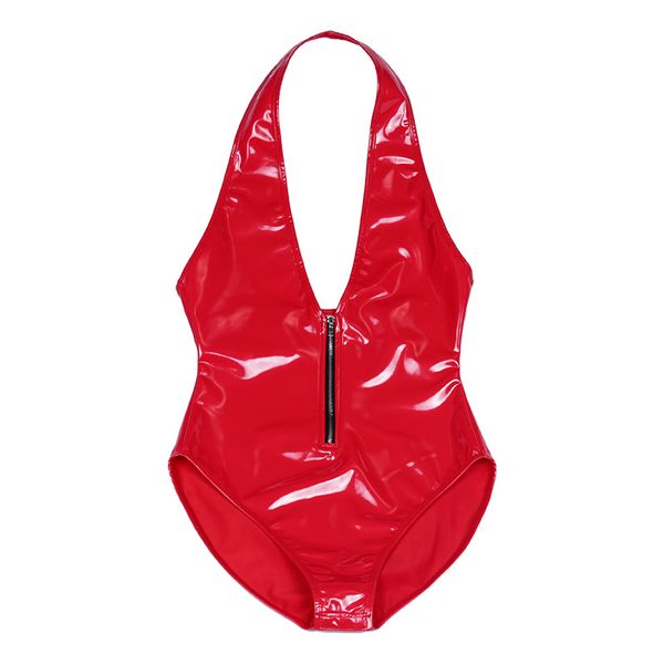 

women pvc shiny open crotch high cut bodysuit deep v neck backless bodysuit stage wear jumpsuit with wrapped chest swimsuit, Black;red
