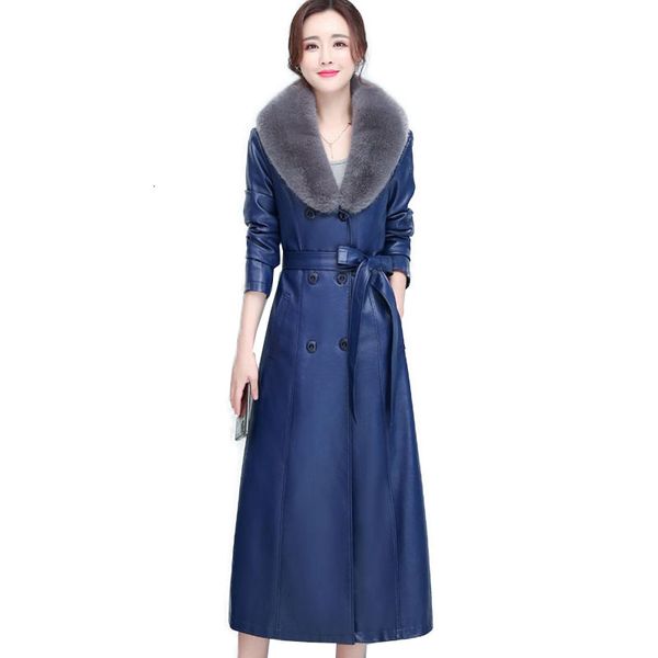 

2021 pu new women's jacket for winter add cotton warm slim big fur collar long leather coat female outerwear 7xl a 392 a1pb, Black