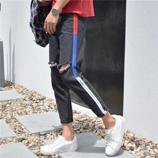 

summer 2021 striped cut hole teenagers men's pants new youth knee-hole jeans men's korean slim pencil pants, Blue