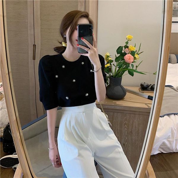 

women's t-shirt french bubble sleeve short feeling 2021 summer black j1439, White
