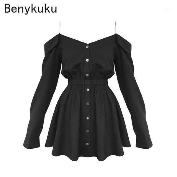 

casual dresses spring autumn gothic girls hollow out v collar off shoulder women sling dress long sleeve a line black punk, Black;gray