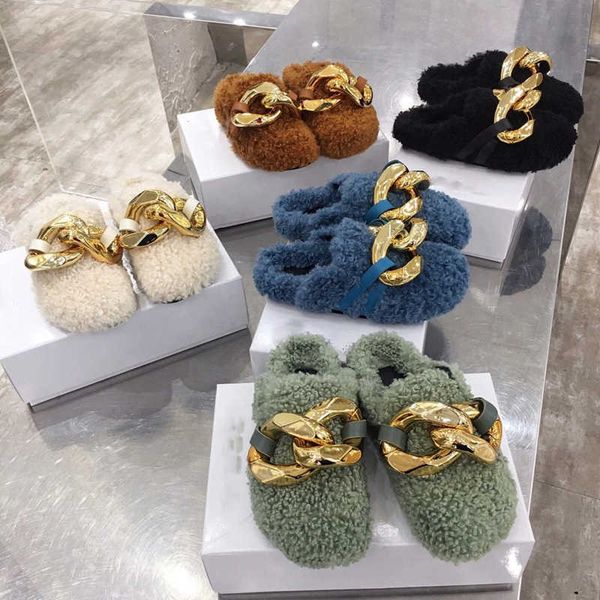 

suojialun brand design women slipper fashion gold chain slip on mules shoes winter warm lambswool slides casual flat flip flop 210630, Black