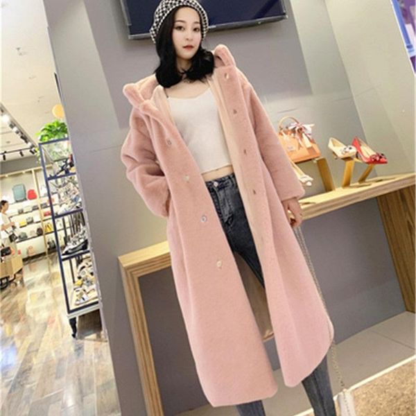

women's fur & faux winter women coat luxury long thick warm overcoat loose plus size plush coats female, Black