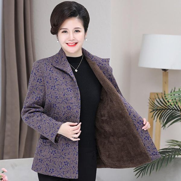 

women's jackets middle-aged fleece 2021 autumn winter print single breasted woman coat for mother turn-down collar outerwear, Black;brown