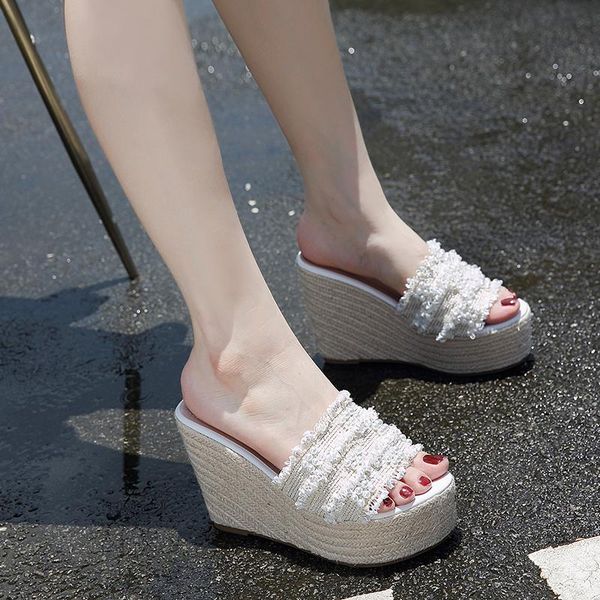 

slippers 11cm super high heels summer exquisite pearl waterproof platform fish mouth sandals thick bottom wedges ladies, Black