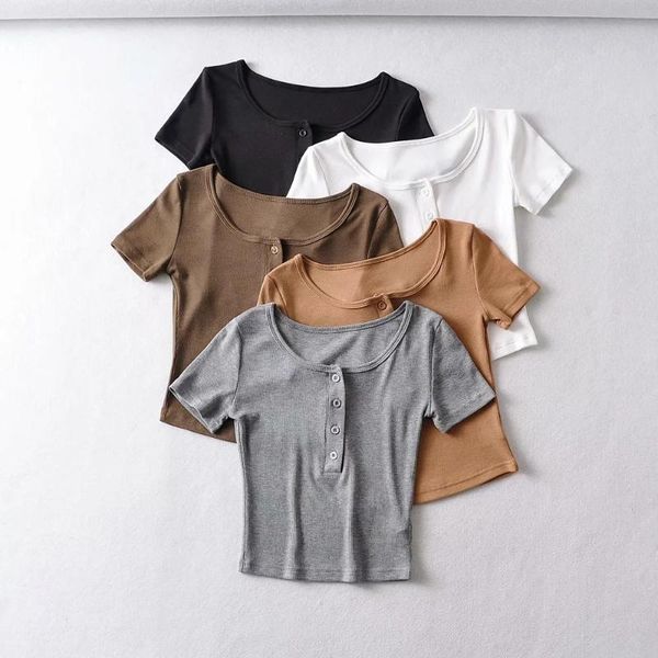 

women's t-shirt pure color short-sleeved t-shirts clothing trend summer style fashion o neck buttoned slim, White