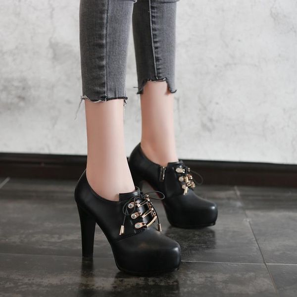 

dress shoes spring thick with waterproof platform versatile lace-up large size high heel women's, Black
