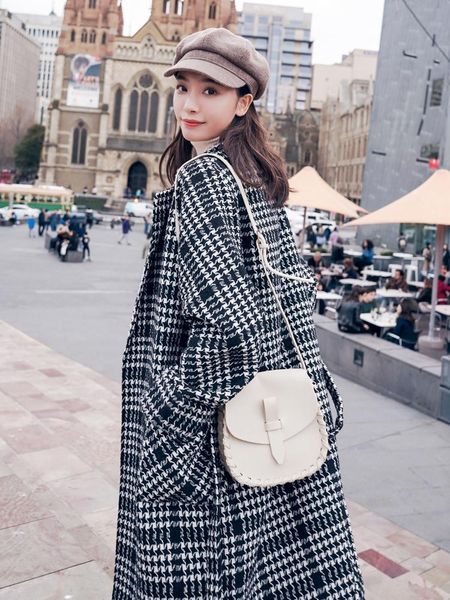 

autumn winter retro paid long overcoat women warm thick cotton liner office lady coat loose outerwear female clothes with belt, Black