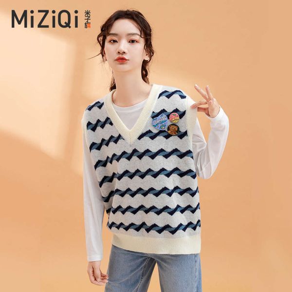 

v-neck striped sweater loose casual vest for women in autumn winter, White