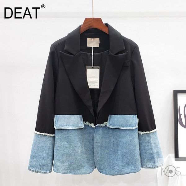 

deat] v-neck collar long sleeve patchwork black denim irregular suit women blazers and jackets mall goth 2021 spring gx461, White;black