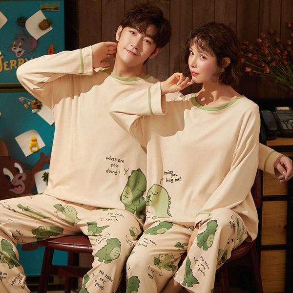 

couple pajamas women spring autumn cotton long sleeve cute dinosaur student men's thin home wear large size suit, Black;brown