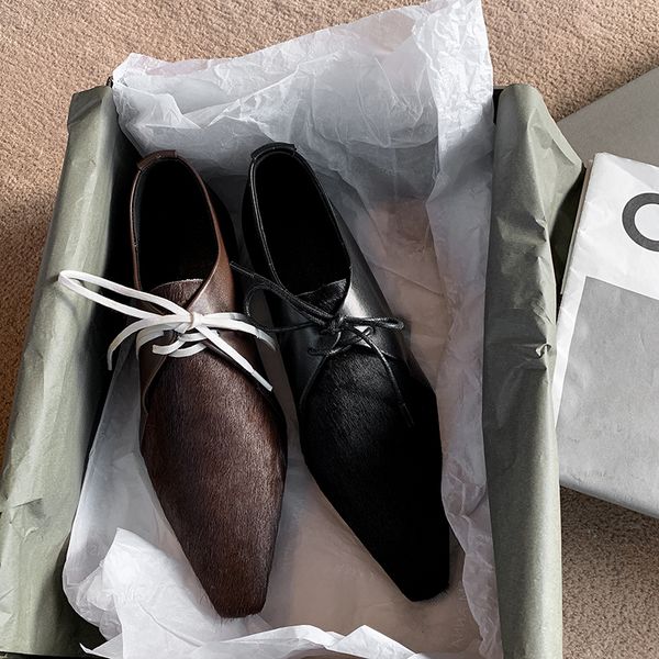 

Womens genuine leather horsehair patchwork lace-up flats leisure soft omfortable pointed toe oxfords high quality spring shoesDress Shoes, Black