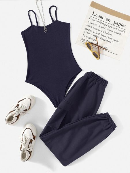 

solid cami bodysuit & cargo pants f2iq#, White