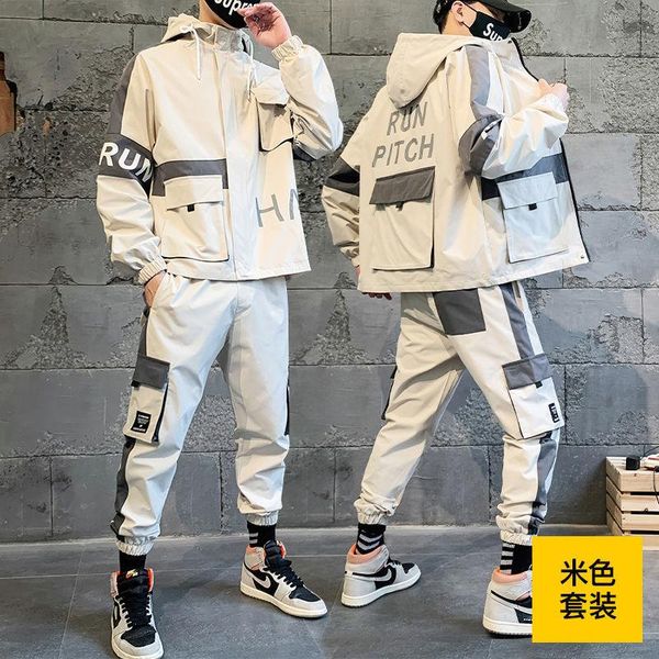 

men's tracksuits autumn safari style suit 2-piece hooded jacket multi-pockets + fashion hip hop pants ankle banded cargon, Gray