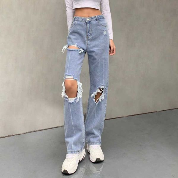 

distressed holes ribbed blue jeans women harajuku fashion straight long trousers ladies streetwear denim pants capris, Black;white
