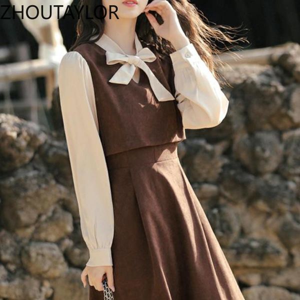 

casual dresses zhoutaylor woman dress fashion sweet autumn v-neck female a-line office lady high waisted vestidos femme s0361, Black;gray