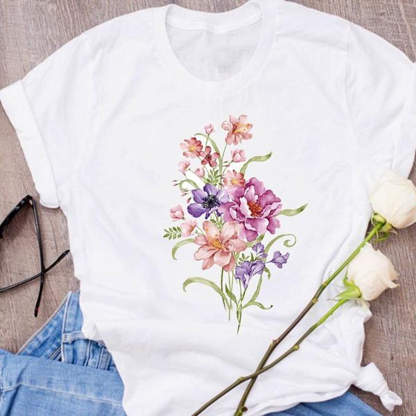 

women graphic ladies short sleeve style floral flower clothes lady tees print clothing female t shirt womens t-shirt, White