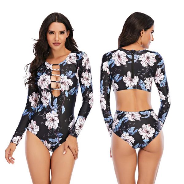 

one piece swimsuit 2021 plus size swimwear women long sleeve bodysuit push up backless bathing suit beachwear rash guard xl