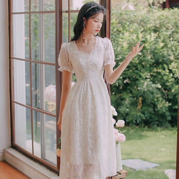 

casual dresses french first love dress lace white fairy women ruffled square collar elegant chic ladies sweet evening princess vestido, Black;gray