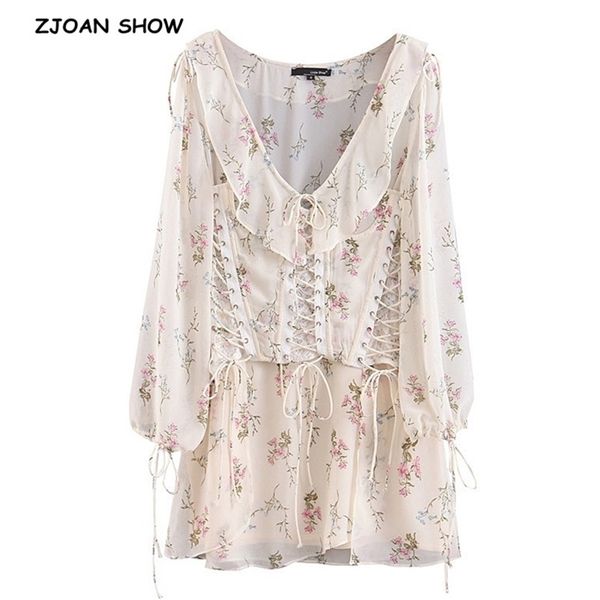 

holiday ruffle v neck lacing up bandage lace waist floral dress boho women tied bow long sleeve dresses femme vestidos, Black;gray