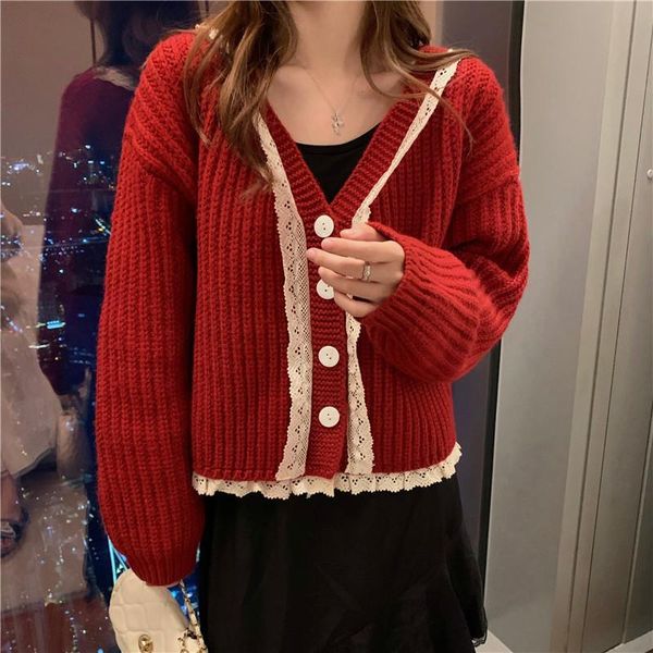 

women's jackets korean loose solid color knitted sweater coat wear single-breasted long sleeved v-neck lace patchwork outerwear, Black;brown