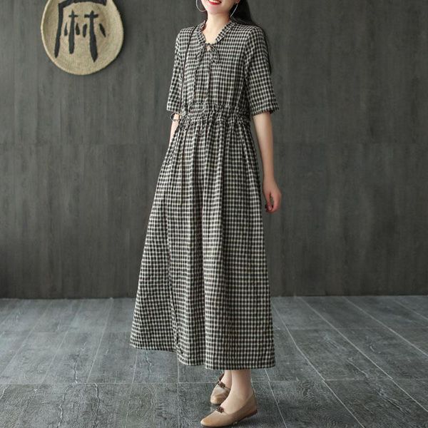 

casual dresses johnature women cotton linen retro plaid o-neck pockets short sleeve lace up 2021 summer loose comfortable dress, Black;gray