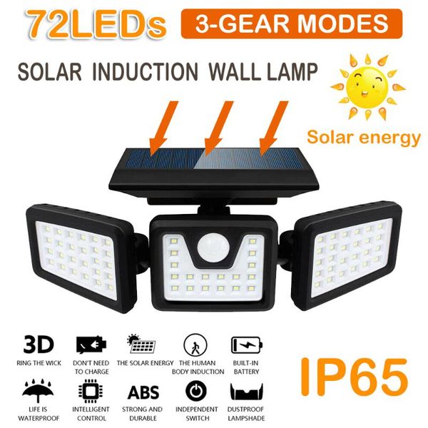 

solar lamps led light outdoor 3 head motion sensor 270 wide angle illumination super bright modes street lamp waterproof wall