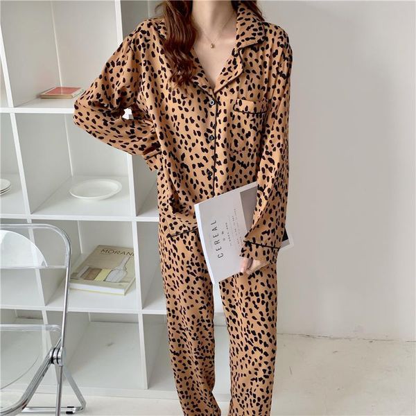 

autumn winter leopard home suit women pajamas set long sleeve shirt sleepwear pants pyjamas 2 piece set home clothes y138, Black;red