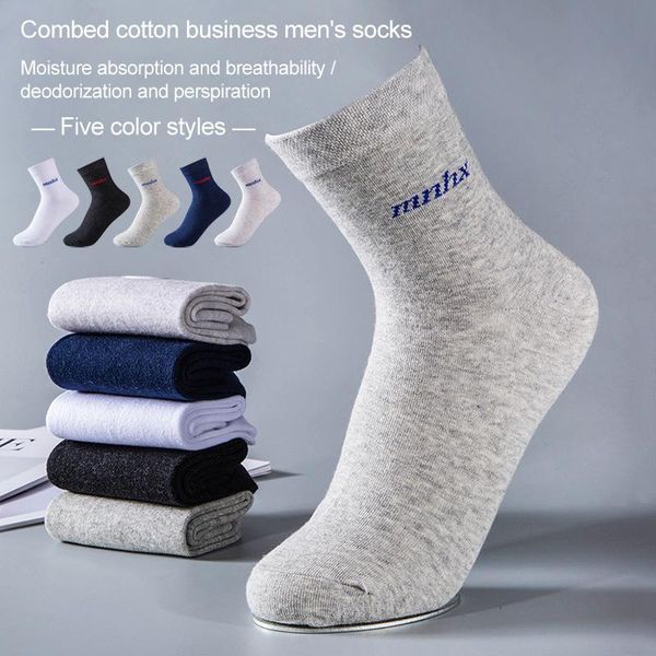 

sports socks 5 pairs pure cotton men's mid-high spring and summer solid color gift box business, Black