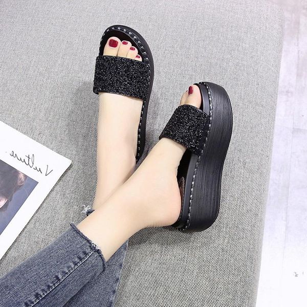 

slippers shoes soft women heels luxury slides on a wedge platform pantofle jelly flip flops comfort high designer 2021 glitter p, Black