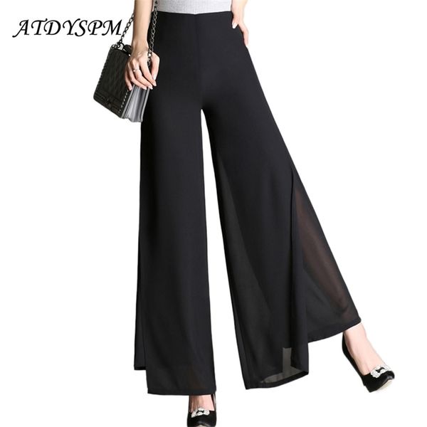 

summer women pants double layer chiffon wide leg trousers split high waist casual loose plus size 210925, Black;white