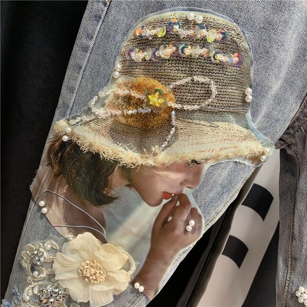 

women's jeans harajuku feminine torn hole slashed pattern jeans fashion ankle hip hop length hare crystal pants embroidered flares deni, Blue