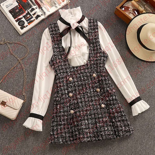 

2020 autumn winter 2 piece set overalls dress women elegant ruffles chiffon bow shirt double breasted plaid tweed vest dress t200825, Black;gray