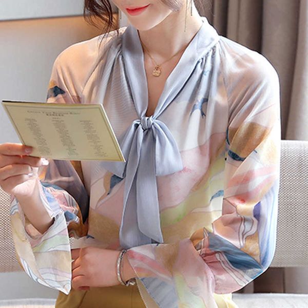

blusas mujer blouse women bow v-neck print chiffon blouse shirt women long sleeve women blouses shirts blusa d471 210602, White