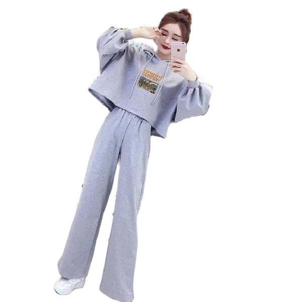 

women's two piece pants set women spring and autumn fashion suit 2021 korean style hooded llong-sleeved sweater loose wide-leg, White