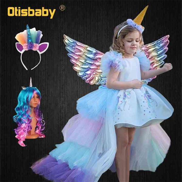 

christmas girls unicorn dress with long tail + wings wig hairband baby girl princess birthday party ball gown kids horse clothes, Red;yellow