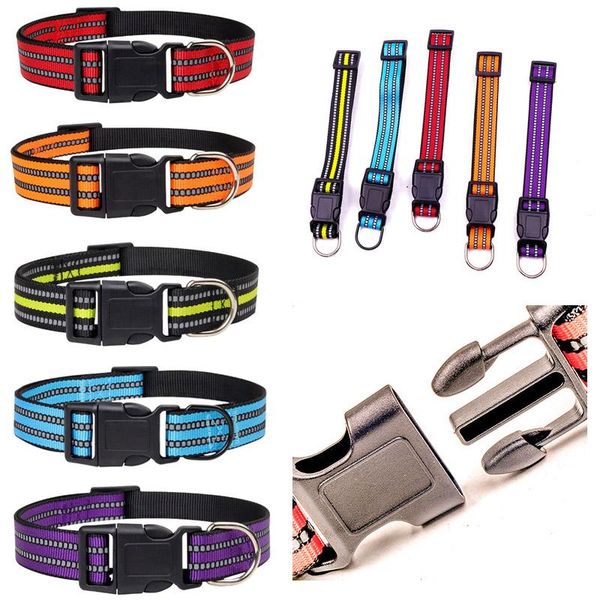 

5 colors fashion reflective strip collars 65*2.5cm adjustable nylon buckles alloy pet collar medium /large dogs durable supplies