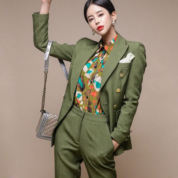 

2021 new lady business casual plaid suit women work pants womens formal tuxedo jacket trouser suits 2 piece blazer set outfits ut96, Gray