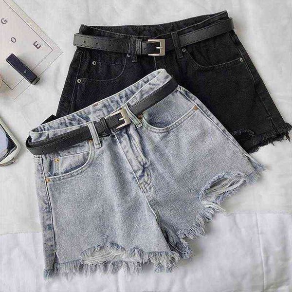 

summer hole denim black women shorts high waist with belt casual female solid color frayed blue jeans, White;black