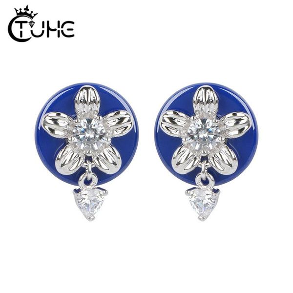 

stud pink blue crystal cute earrings jewelry delicate girl women ear tiny cz flower ceramic earring gift, Golden;silver