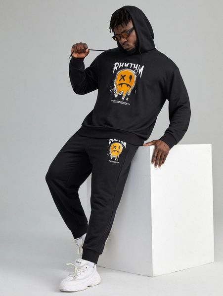 

extended sizes letter & cartoon graphic drawstring hoodie & joggers n2dd#, Gray