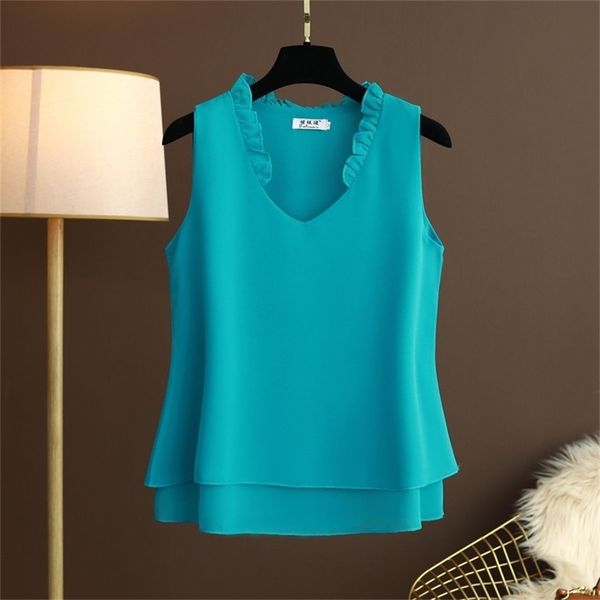 Plus Größe 5XL Chiffon Bluse Frauen Sommer Ärmellose Casual Tops Koreanische Stil Vintage V-ausschnitt Frau Blusen Shirts 210719