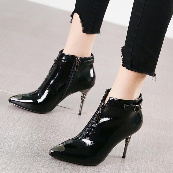 

boots pointed thin skinny stiletto heels 2021 patent leather fashion short tube bare female autumn and winter, Black