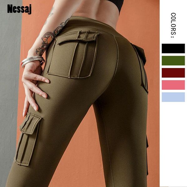 

women's leggings nessaj high waist women fitness with pocket girls pink booty push up workout skinny trousers, Black