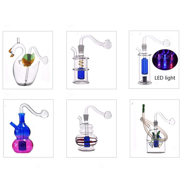 15 stili Pipa ad acqua per fumo di vetro matrice linlne MiNi LED Dab oil Rigs collettore di cenere di cigno Narghilè con tubo e tubo per bruciatore a nafta maschio da 10 mm